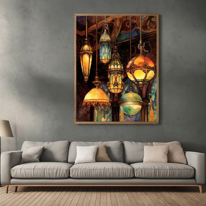 Wadi Home wall art print featuring vintage hanging lanterns with warm amber glow and intricate metalwork in a living room