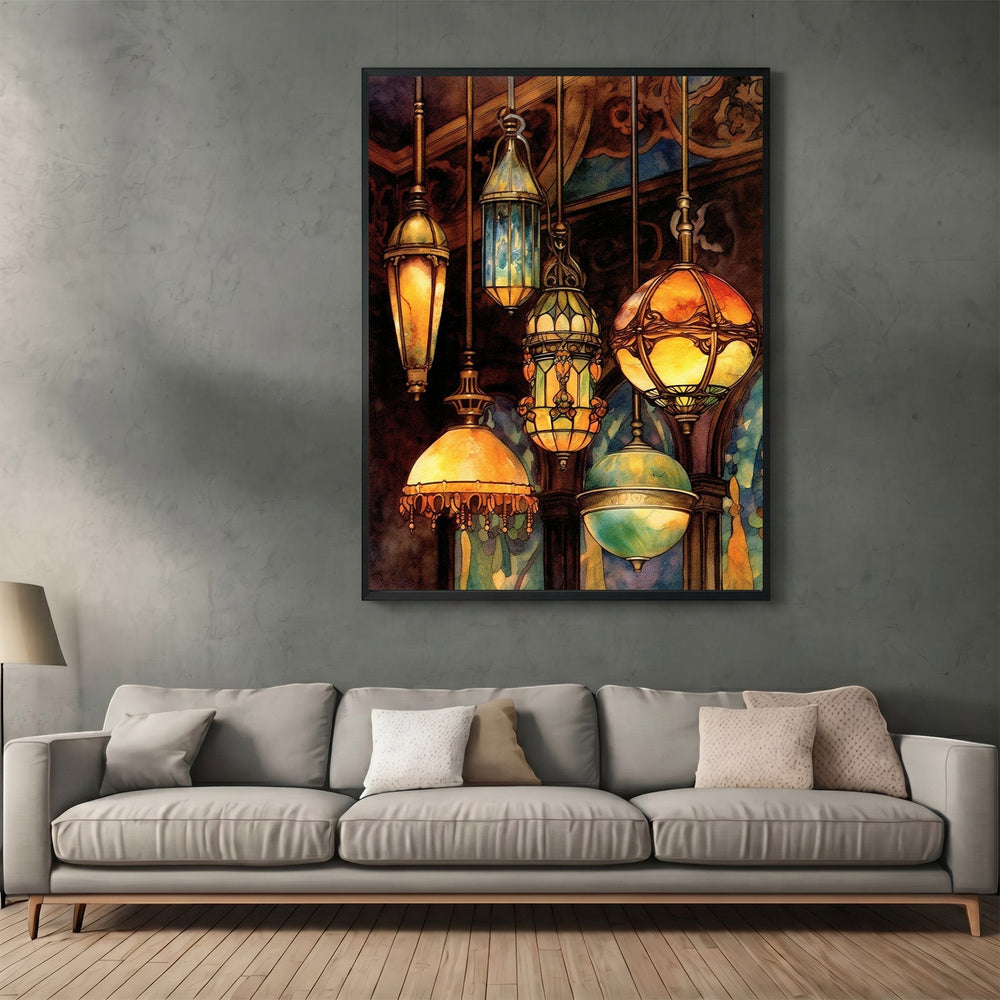 Wadi Home decorative hanging lanterns wall art print featuring warm amber glowing vintage lights above a grey sofa.