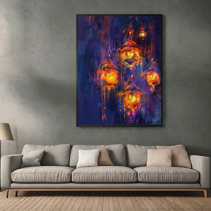 Wadi Home wall art print featuring glowing orange and gold lanterns against a moody indigo background in a living room