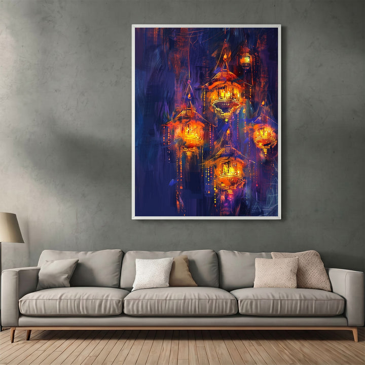 Wadi Home wall art print featuring glowing orange and gold lanterns against a moody indigo background in a living room