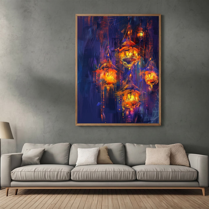 Wadi Home wall art print featuring glowing orange and gold lanterns against a moody indigo background in a living room