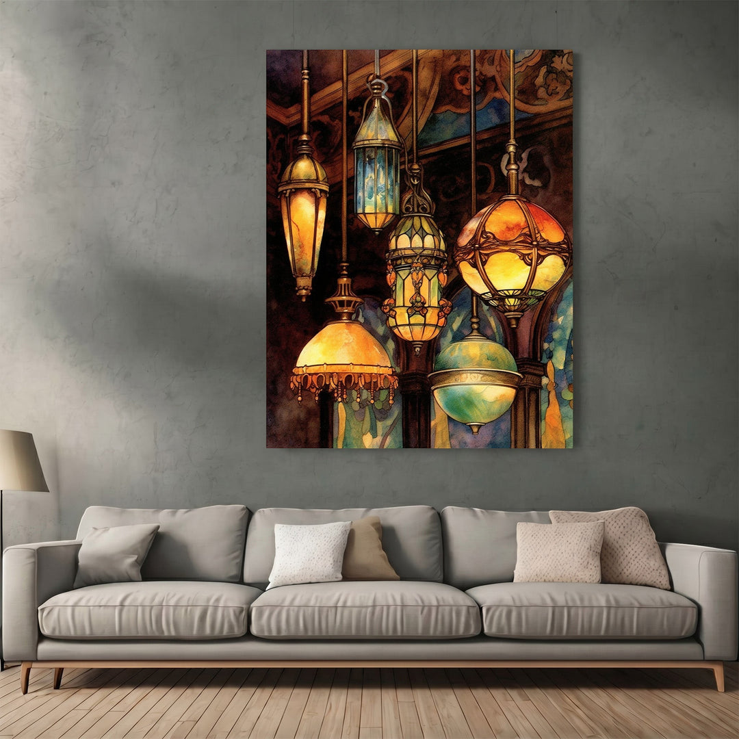 Wadi Home wall art print featuring vintage hanging lanterns with warm amber glow and intricate metalwork in a living room