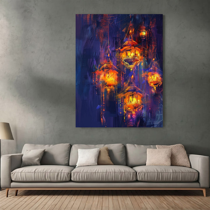 Wadi Home decorative wall art print featuring glowing orange and gold lanterns against a moody indigo background.