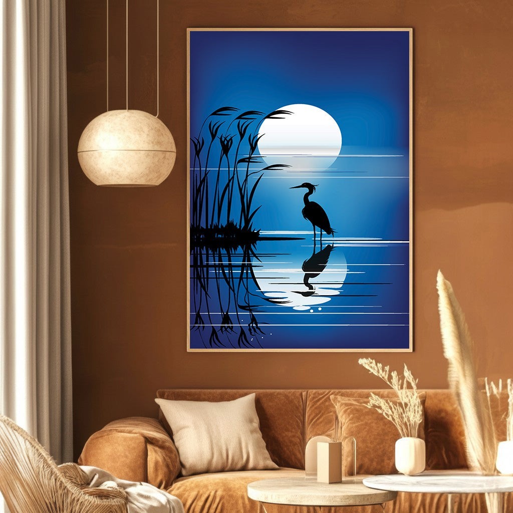 Wadi Home heron silhouette wall art print featuring a blue moonlit landscape in a modern living room setting.