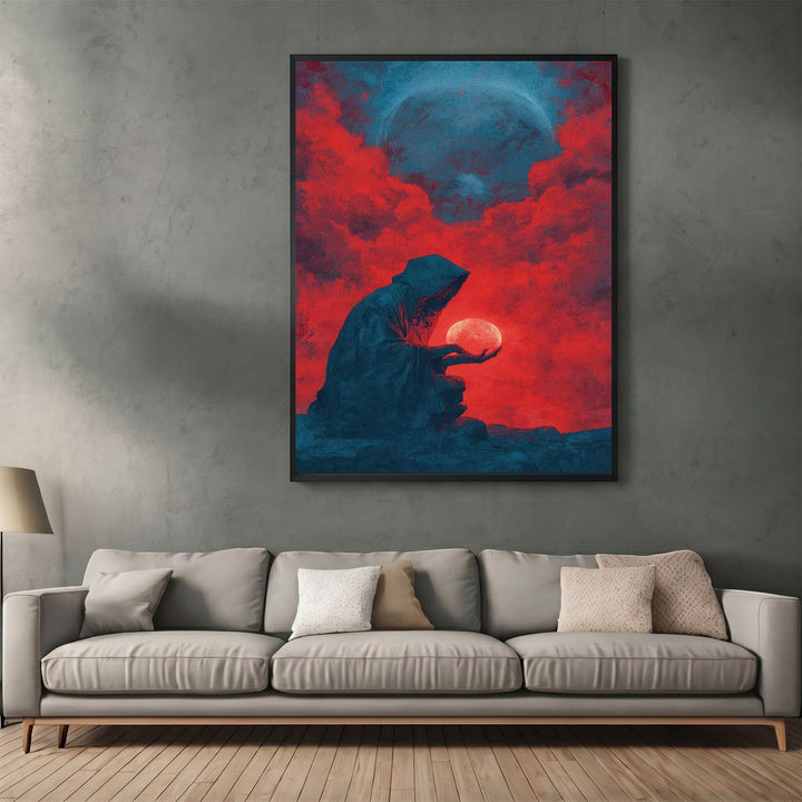 Wadi Home dark fantasy wall art print featuring a hooded figure holding a glowing orb against crimson clouds and moon