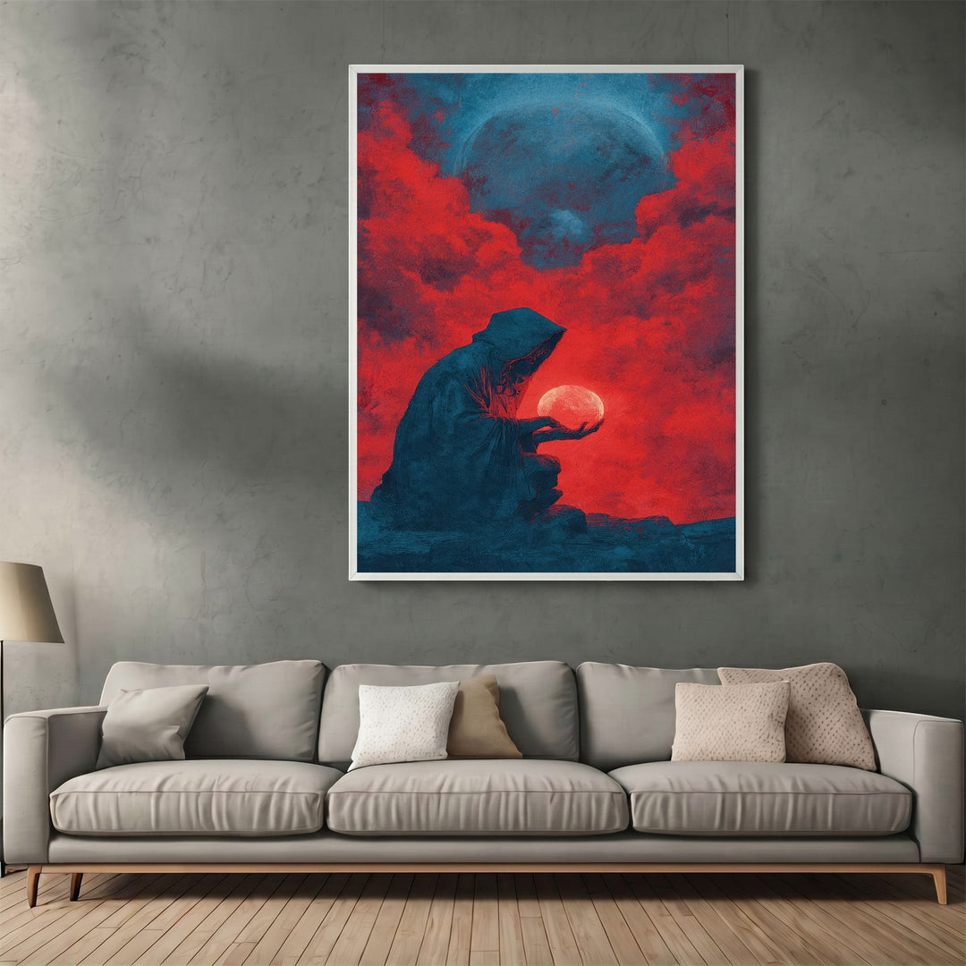 Wadi Home dark fantasy wall art print featuring a hooded figure holding a glowing orb against crimson clouds and a moon.