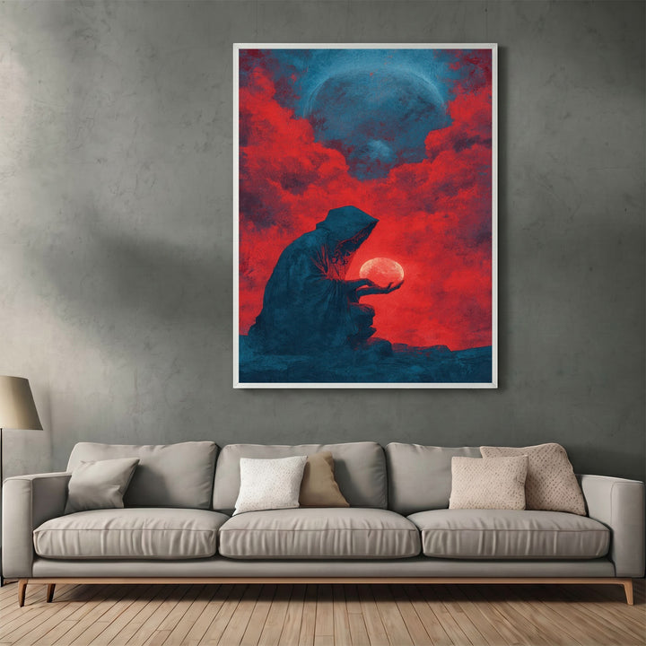 Wadi Home dark fantasy wall art print featuring a hooded figure holding a glowing orb against crimson clouds and a moon.