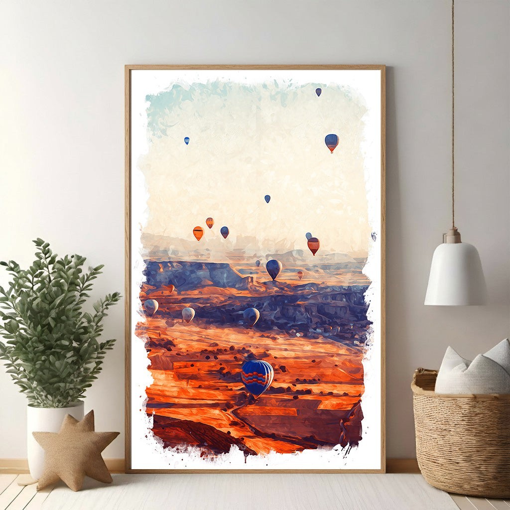Wadi Home hot air balloon landscape art with vibrant colours of sunrise over a canyon.