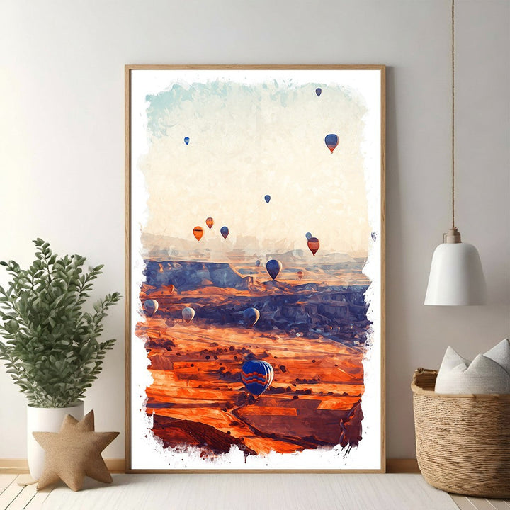 Wadi Home hot air balloon landscape art with vibrant colours of sunrise over a canyon.