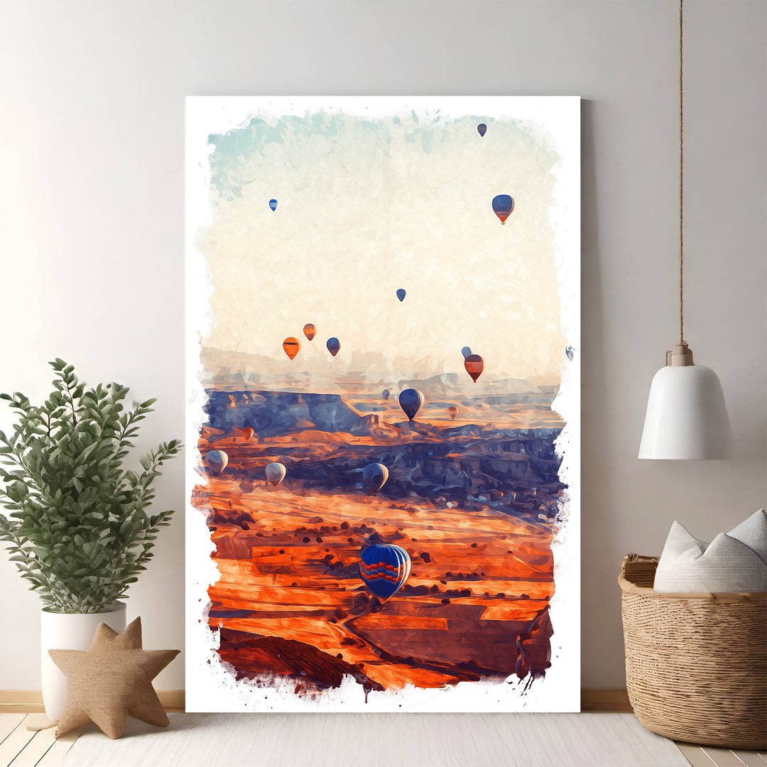 Wadi Home hot air balloon landscape wall art with vibrant painterly style, featuring balloons over a canyon at sunrise in warm, earthy tones.