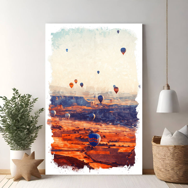 Wadi Home hot air balloon landscape wall art with vibrant painterly style, featuring balloons over a canyon at sunrise in warm, earthy tones.