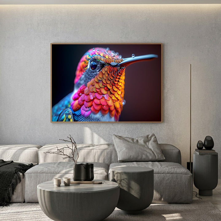 Wadi Home hummingbird portrait framed wall art with iridescent orange, pink, and blue feathers in a modern living room