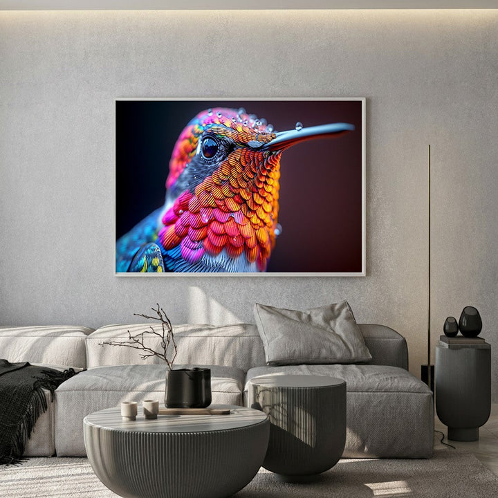 Wadi Home hummingbird portrait wall art with iridescent orange and blue feathers hanging above a modern grey sofa.