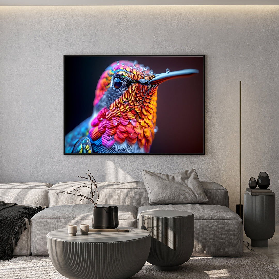 Wadi Home hummingbird portrait wall art with vibrant orange, pink, and blue feathers in a modern living room setting.