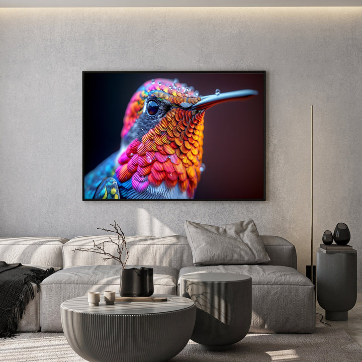Wadi Home hummingbird portrait wall art with vibrant orange, pink, and blue feathers in a modern living room setting.