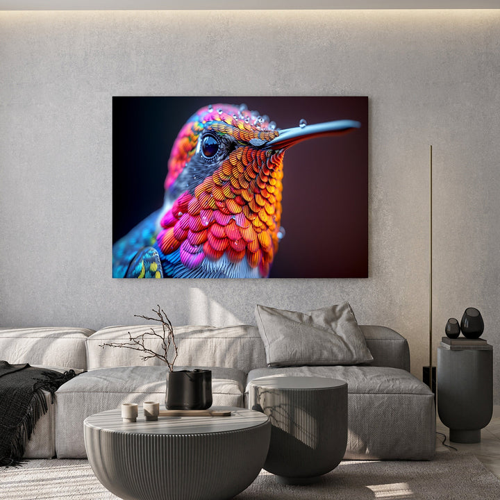 Wadi Home hummingbird portrait framed wall art with vibrant orange, pink, and blue feathers hanging above a grey sofa.