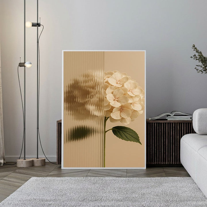 Wadi Home Textured Hydrangea Botanical Art Print with textured glass effect and neutral background.