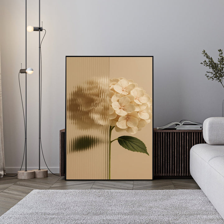 Wadi Home Textured Hydrangea Botanical Art Print with a textured glass effect on the left half and a cream hydrangea bloom on the right.
