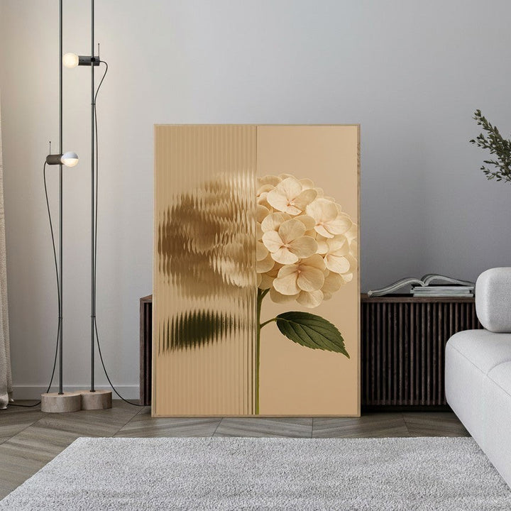 Wadi Home Textured Hydrangea Botanical Art Print with textured glass effect and soft neutral background.