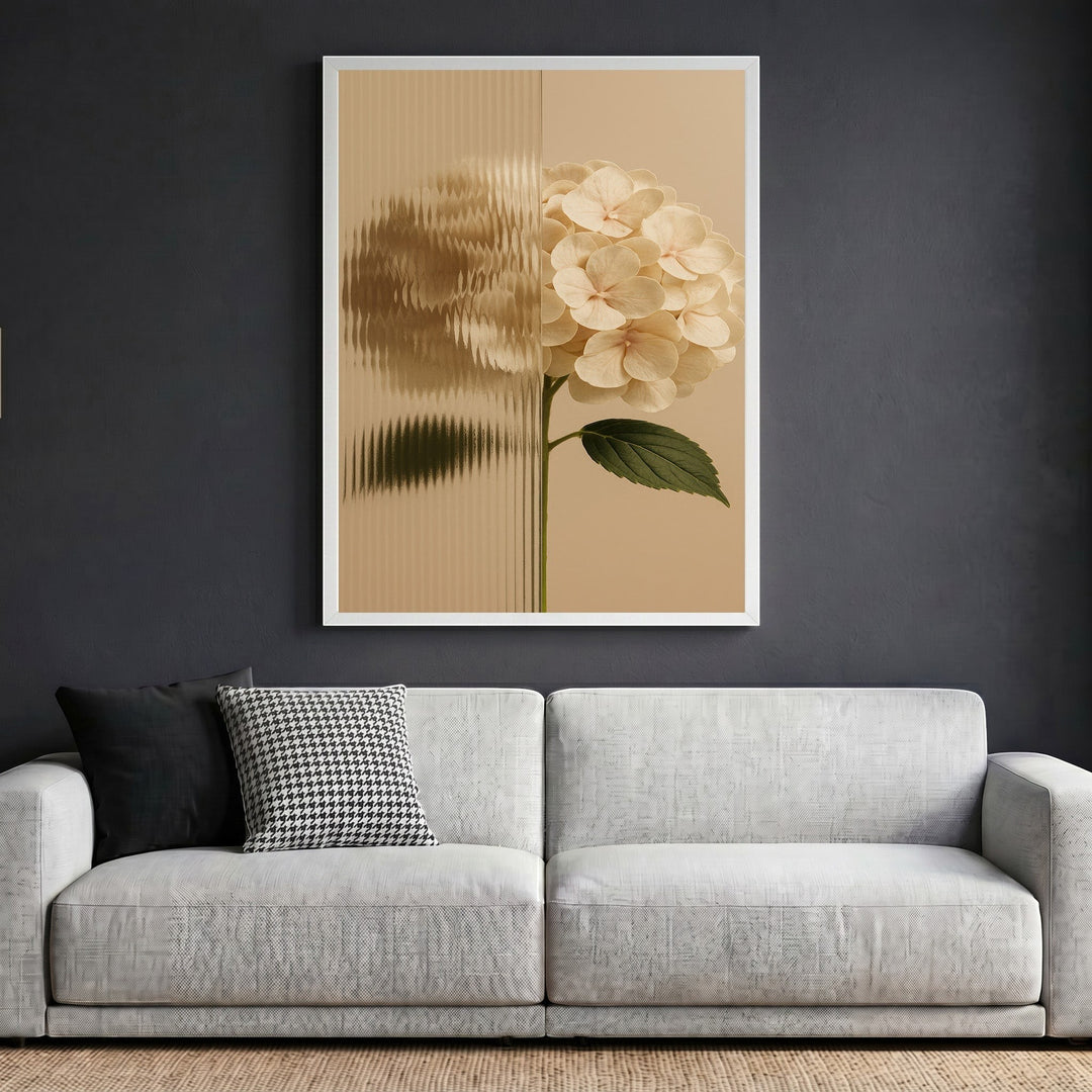 Wadi Home hydrangea botanical wall art print with fluted glass effect in a white frame above a modern sofa.
