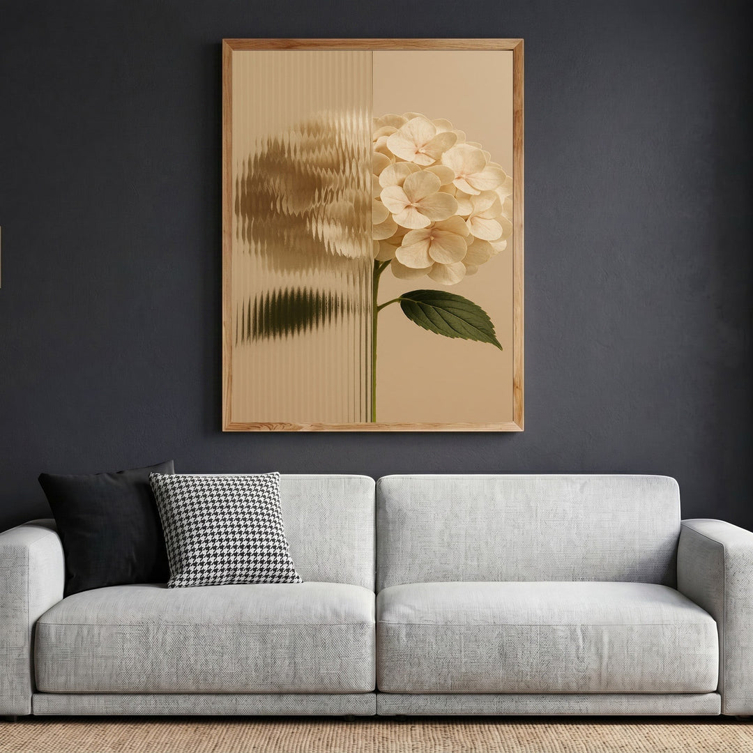 Wadi Home hydrangea botanical wall art print with fluted glass effect in a light wood frame above a modern sofa.