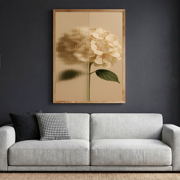 Wadi Home hydrangea botanical wall art print with fluted glass effect in a light wood frame above a modern sofa.