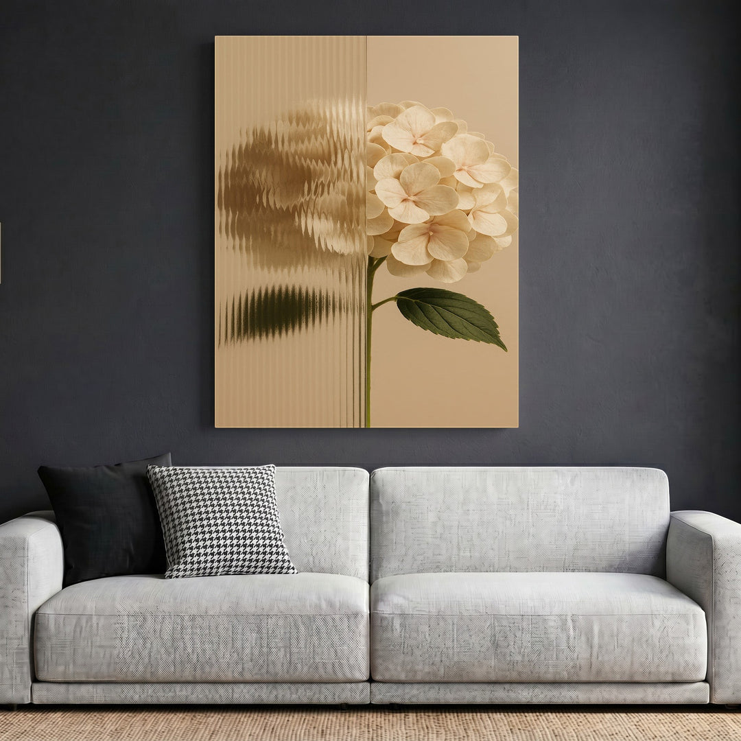 Wadi Home hydrangea botanical wall art print featuring a cream flower behind fluted glass above a modern grey sofa.