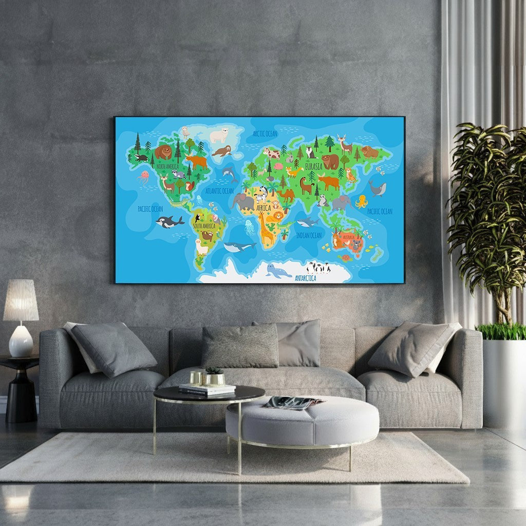 Wadi Home illustrated world map with animals, featuring continents and oceans with colorful wildlife illustrations. Educational decor for kids.
