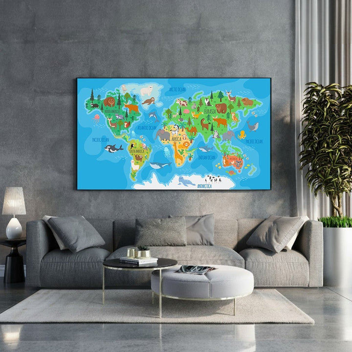 Wadi Home illustrated world map with animals, featuring continents and oceans with colorful wildlife illustrations. Educational decor for kids.