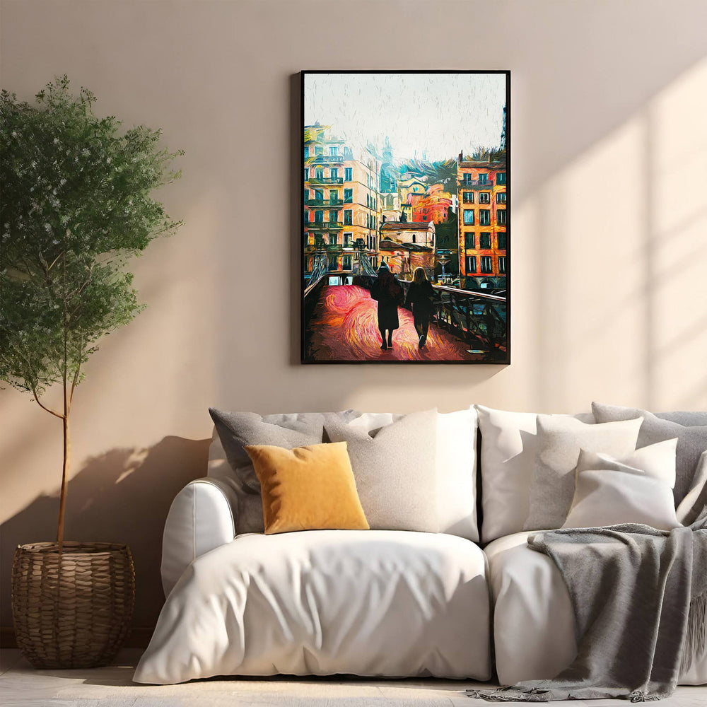 Wadi Home Impressionist cityscape painting of two figures walking on a bridge lined with colorful buildings, textured brushstrokes.