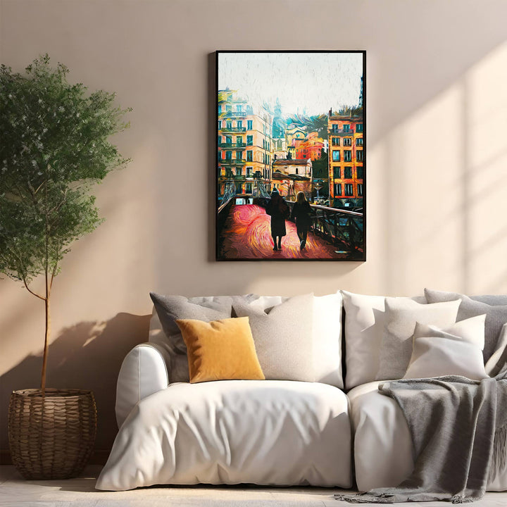 Wadi Home Impressionist cityscape painting of two figures walking on a bridge lined with colorful buildings, textured brushstrokes.