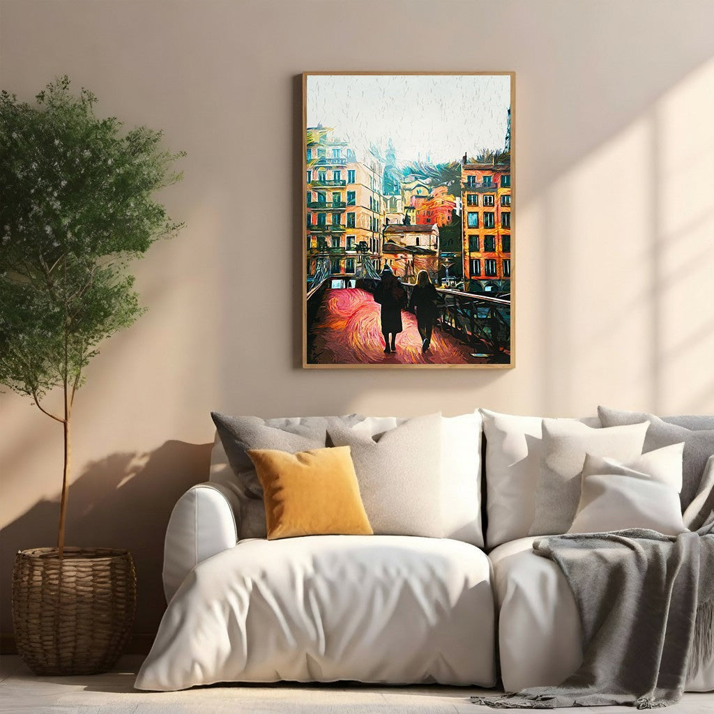Wadi Home Impressionist cityscape painting with two figures walking on a bridge, vibrant buildings, textured brushstrokes.