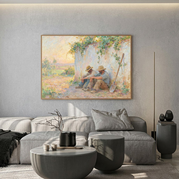 Wadi Home impressionist wall art print of resting farm workers in a sun-drenched pastoral landscape above a sofa.