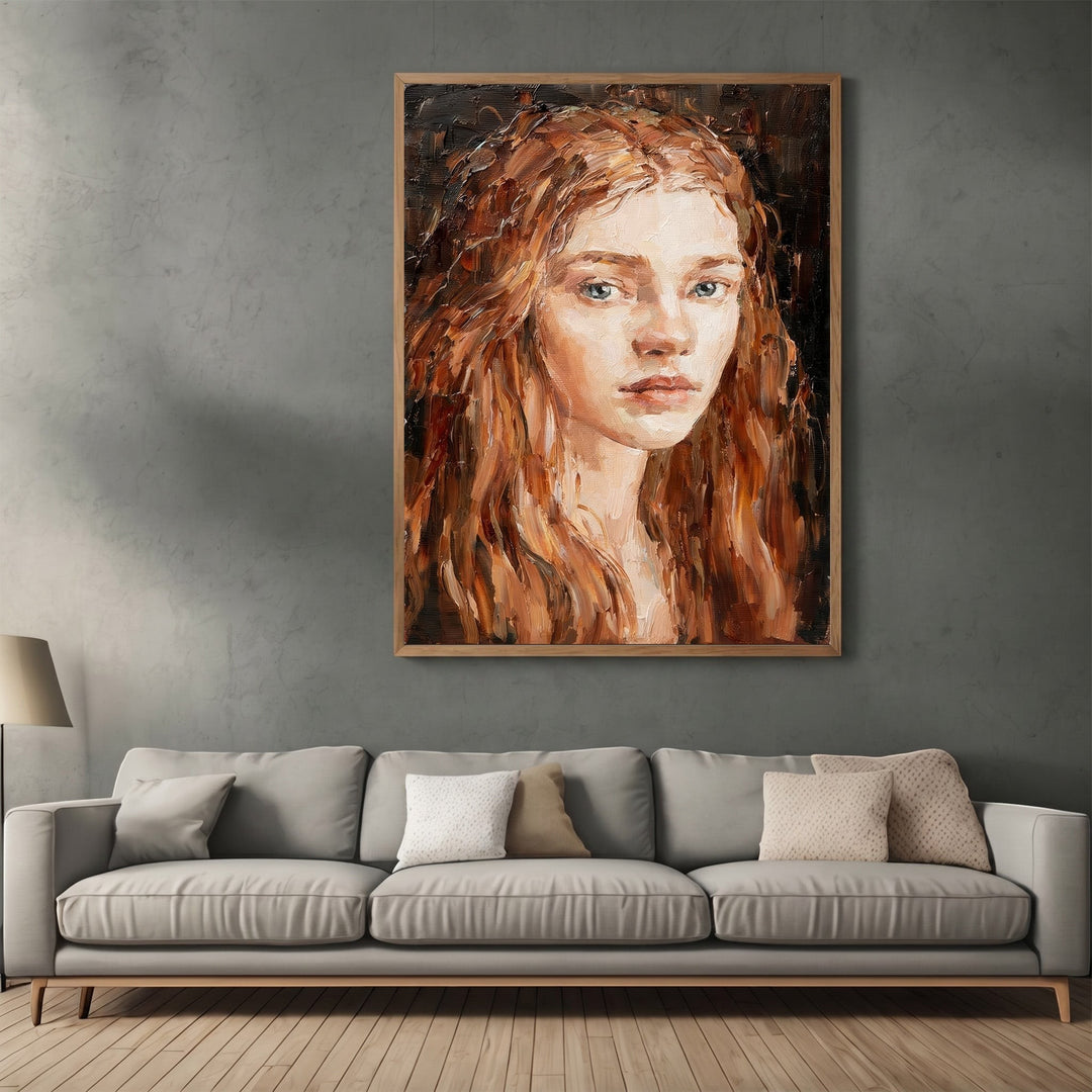 Wadi Home impressionist oil portrait painting with expressive brushstrokes and warm tones hanging above a grey sofa.