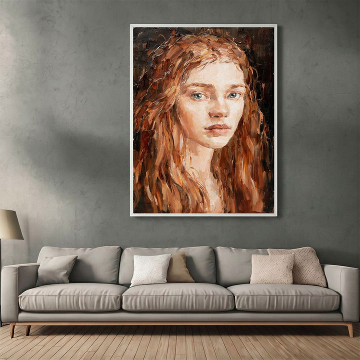 Wadi Home impressionist oil painting of a woman with red hair and heavy impasto texture hanging above a grey sofa.