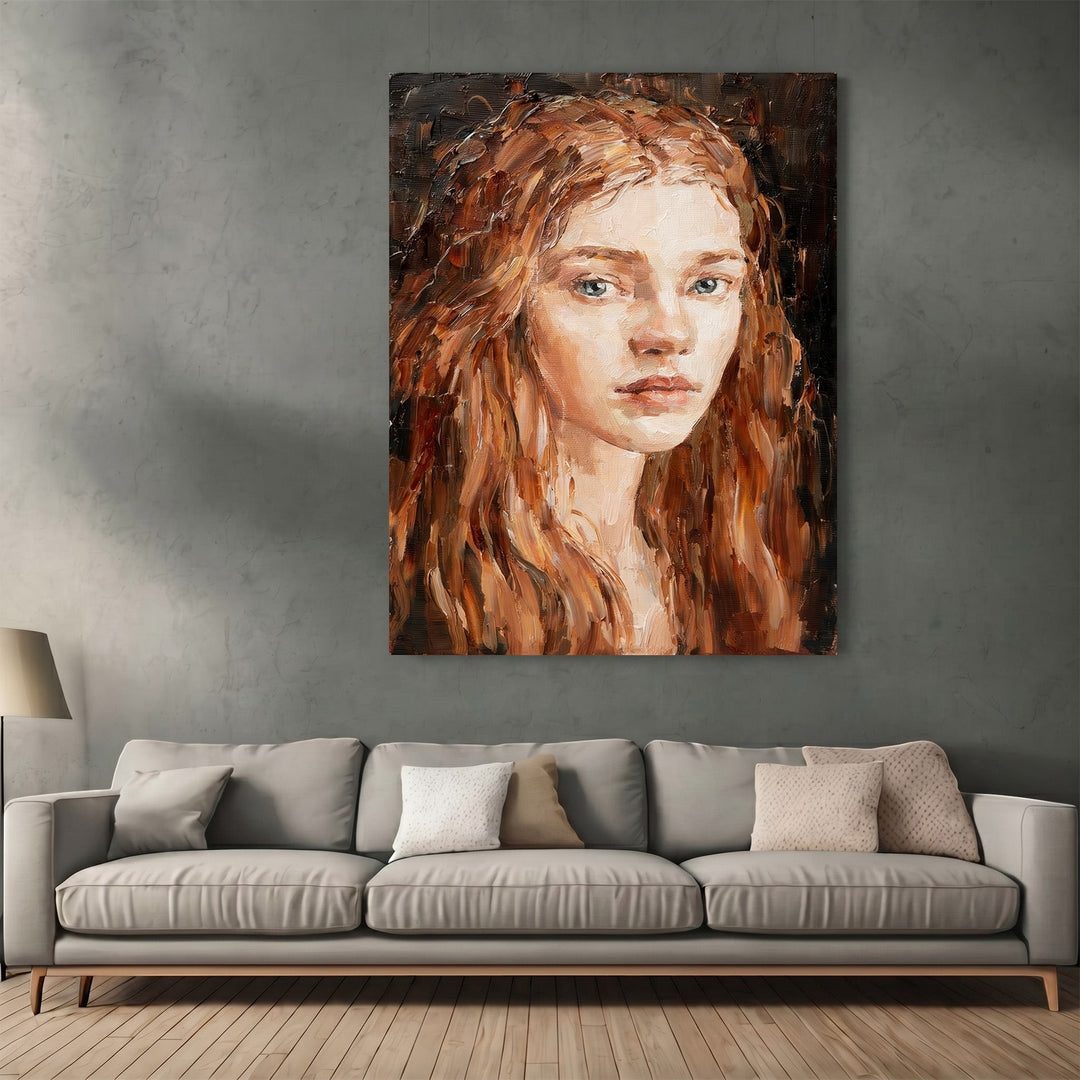 Wadi Home impressionist oil painting of a woman with red hair and textured impasto brushstrokes on a dark background.