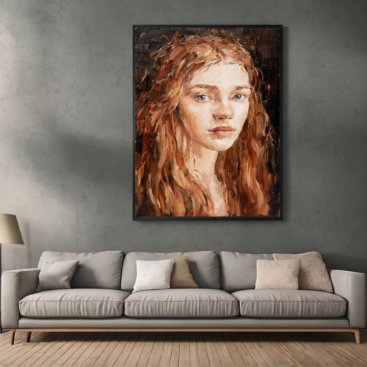 Wadi Home impressionist oil painting of a woman with red hair and textured impasto brushstrokes on a dark background.