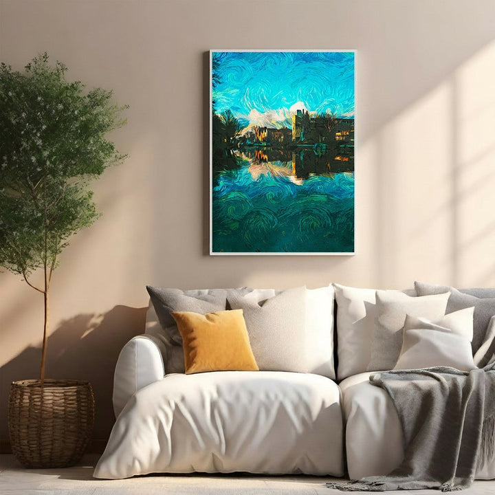 Wadi Home Impressionist water landscape wall art with vibrant blues and greens, depicting shimmering reflections on water and textured sky.