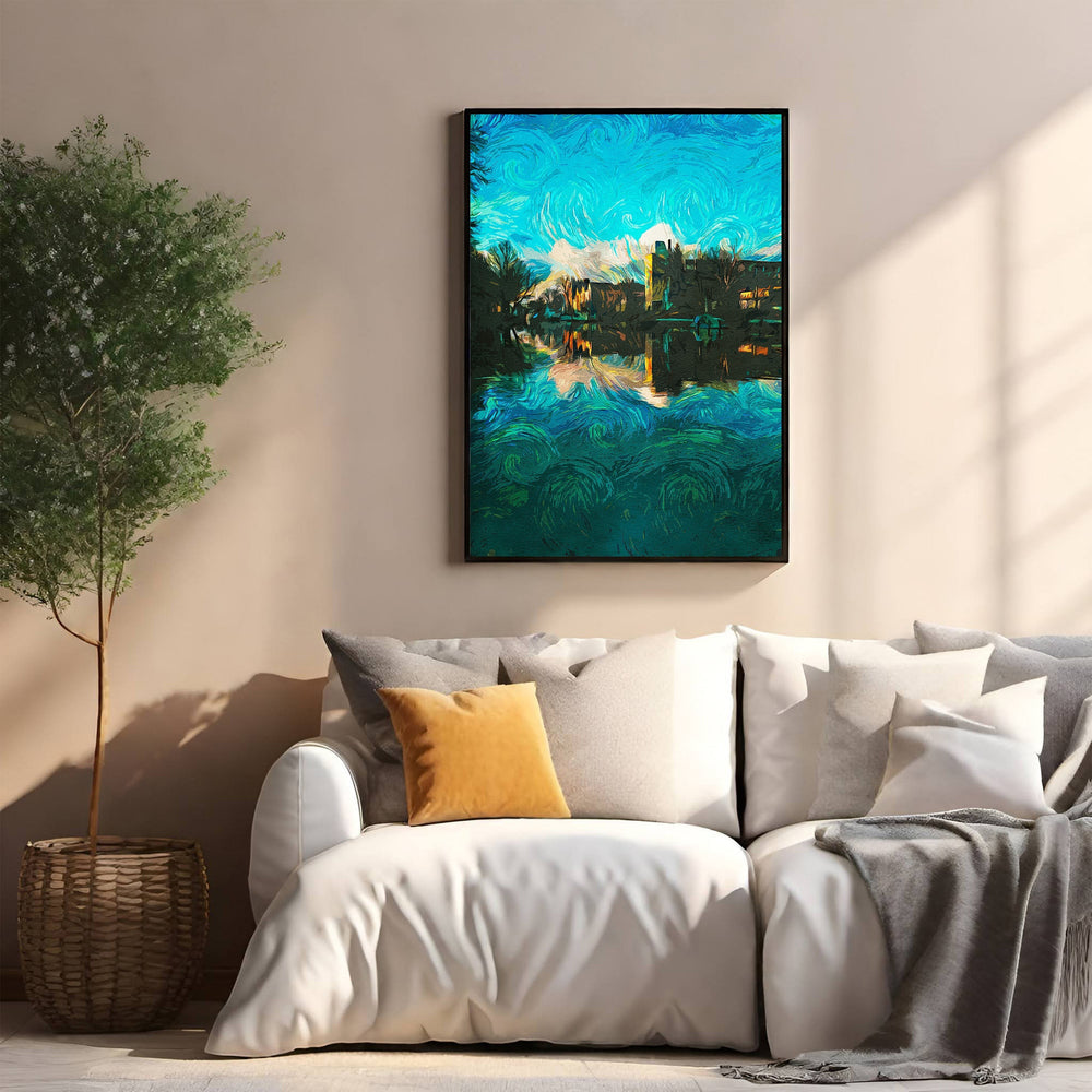 Wadi Home Impressionist water landscape wall art with vibrant blues and greens, depicting a waterside town with shimmering reflections.