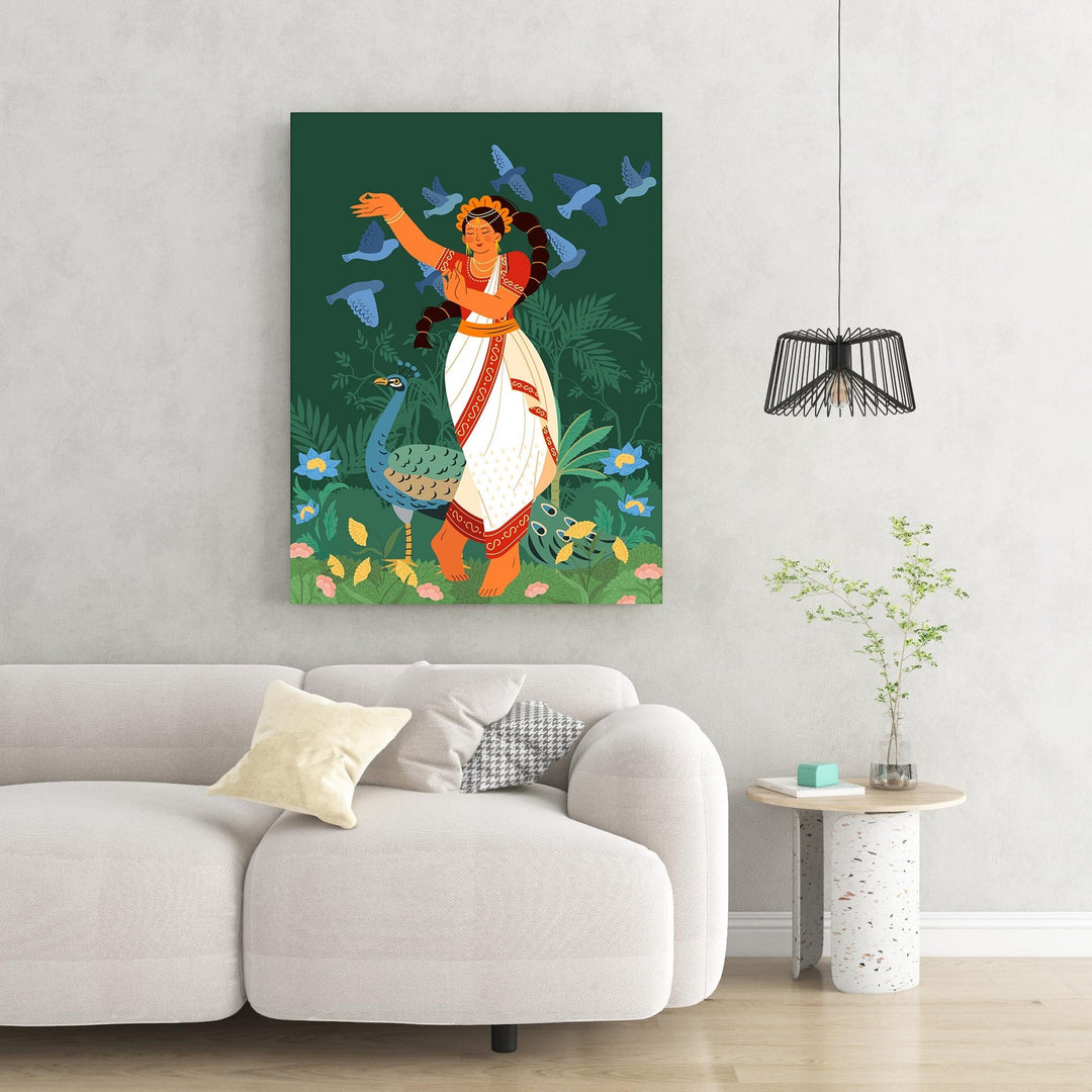 Wadi Home Indian dancer with peacock and birds wall art, traditional attire, green background, lush foliage, cultural elegance.