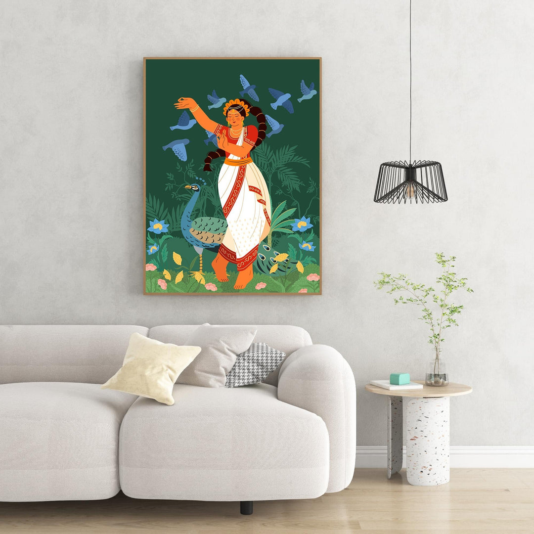 Wadi Home Indian dancer with peacock and birds wall art, traditional attire, green background, lush foliage.