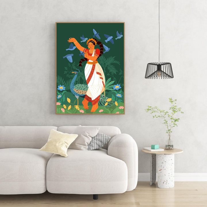 Wadi Home Indian dancer with peacock and birds wall art, traditional attire, green background, lush foliage.