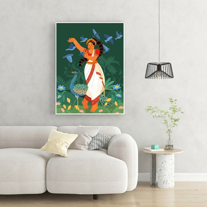 Wadi Home Indian dancer with peacock and birds wall art, traditional attire, green background, lush foliage.