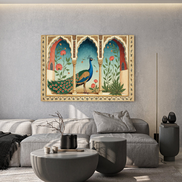 Wadi Home traditional Indian peacock wall art print featuring a majestic bird in an ornate Mughal-style archway.