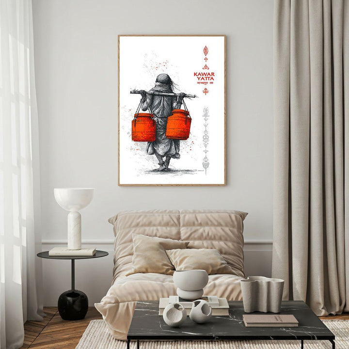 Wadi Home traditional Indian pilgrimage artwork sketch of figure carrying orange pots, black and white with red accent.