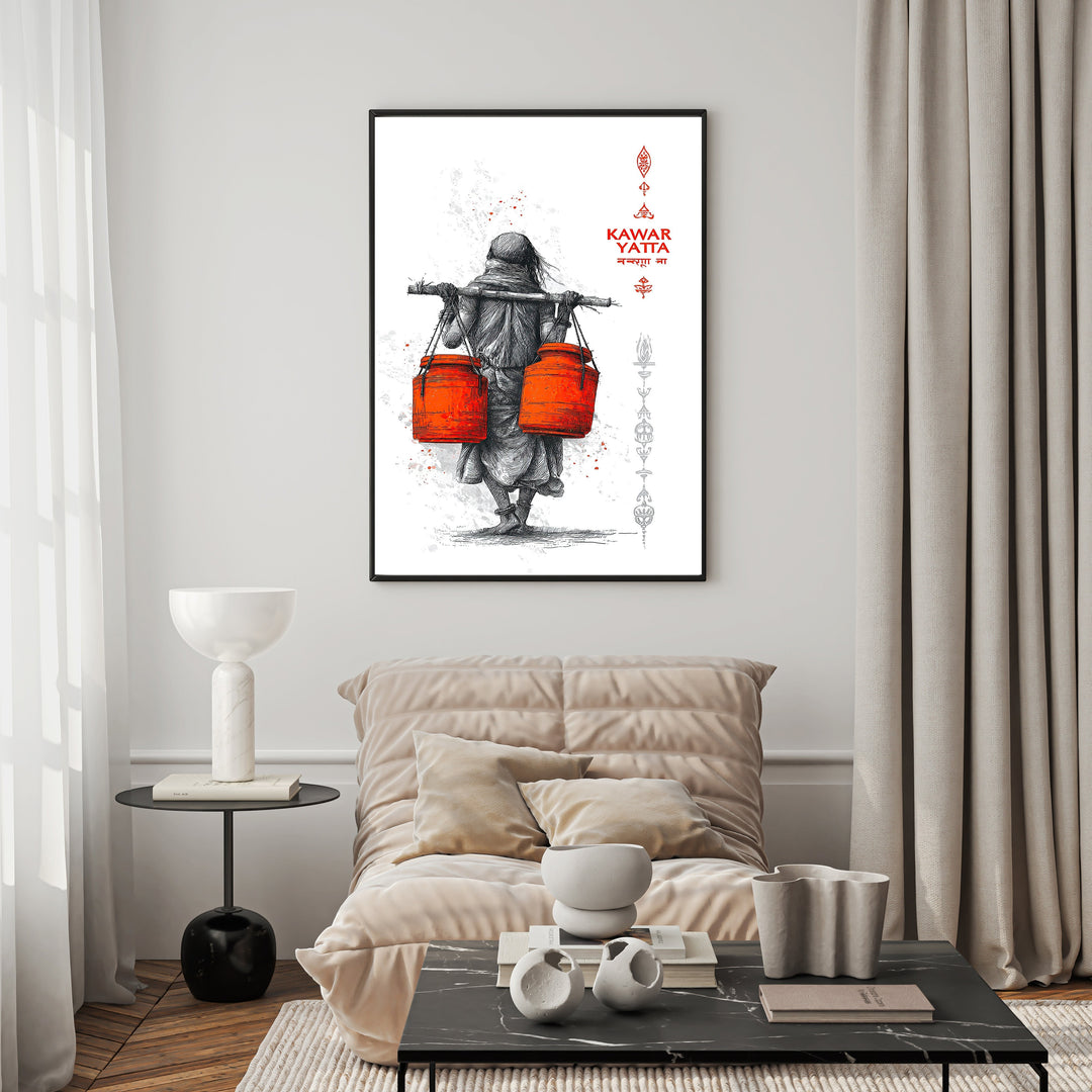 Wadi Home traditional Indian pilgrimage artwork sketch of figure carrying orange pots, black and white with red accent.