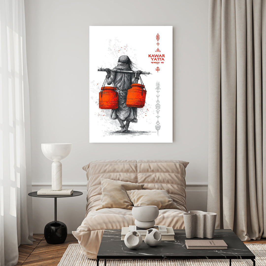 Wadi Home traditional Indian pilgrimage artwork sketch of figure carrying orange pots, black and white with red accent.