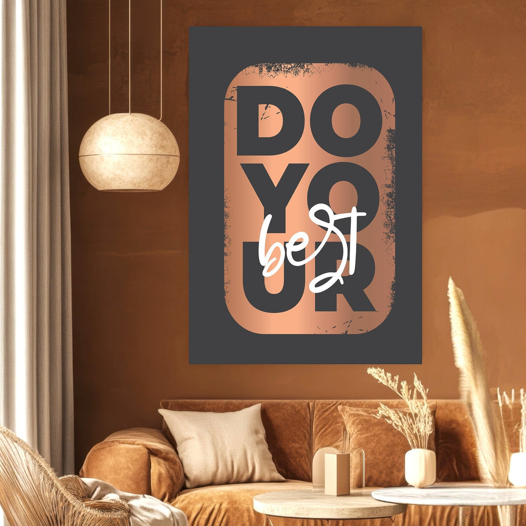Wadi Home inspirational wall art print with distressed metallic copper and charcoal typography in a modern living room