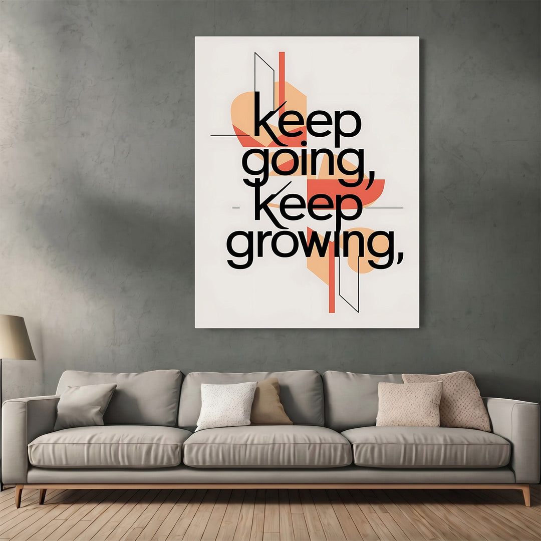 Wadi Home inspirational wall art print with modern typography and geometric shapes in coral and peach on a living room wall