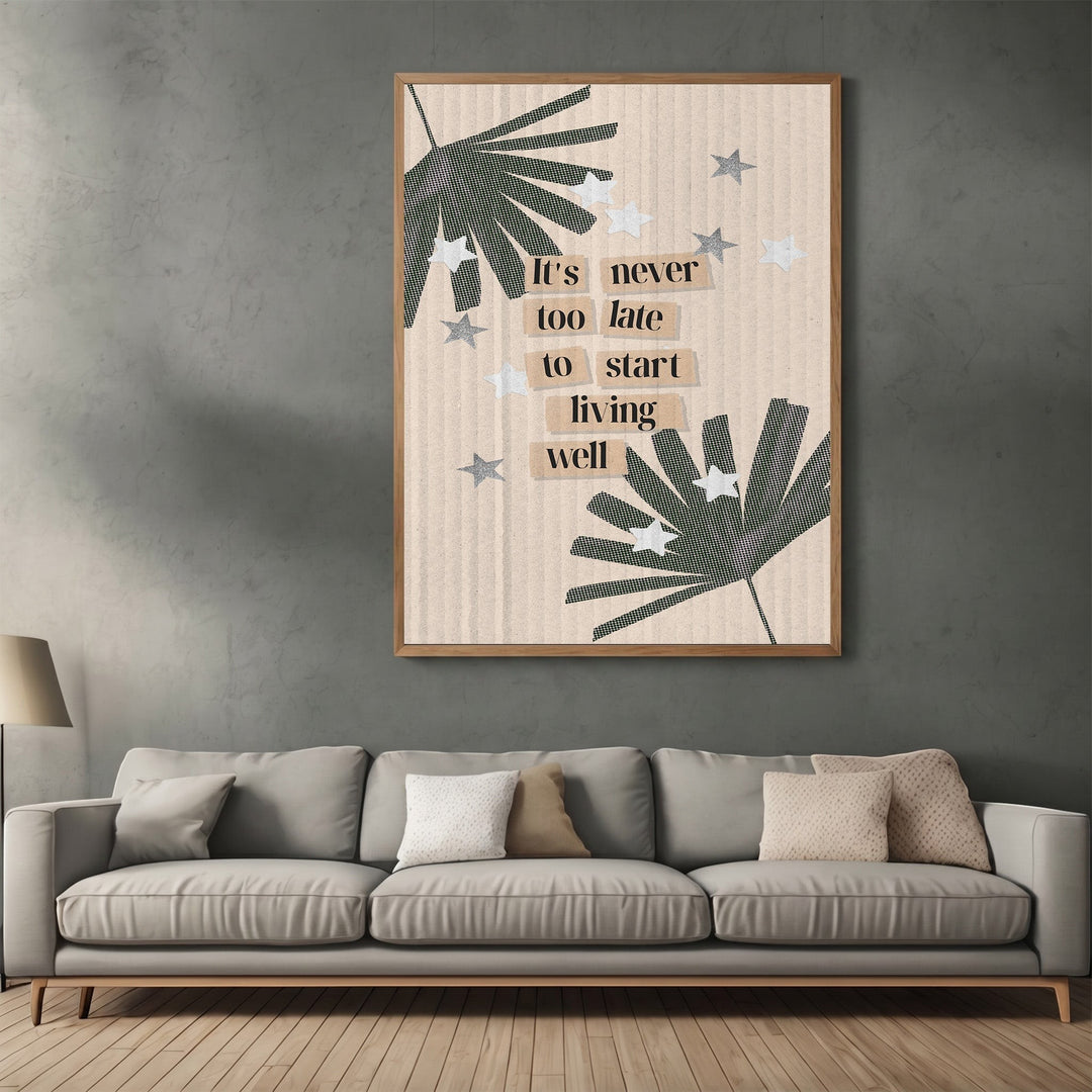 Wadi Home framed wall art with botanical print and inspirational quote hanging above a modern grey sofa in a living room